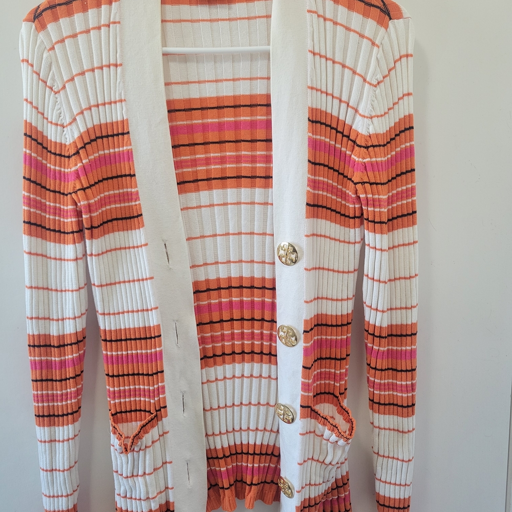 Tory Burch Orange, Pink & White Striped Knit Top